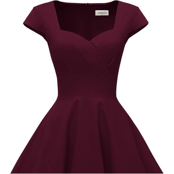 Women Burgundy Cap Sleeve 1950s Retro Vintage Cocktail Swing Dresses with Pocket - Picture 4 of 6